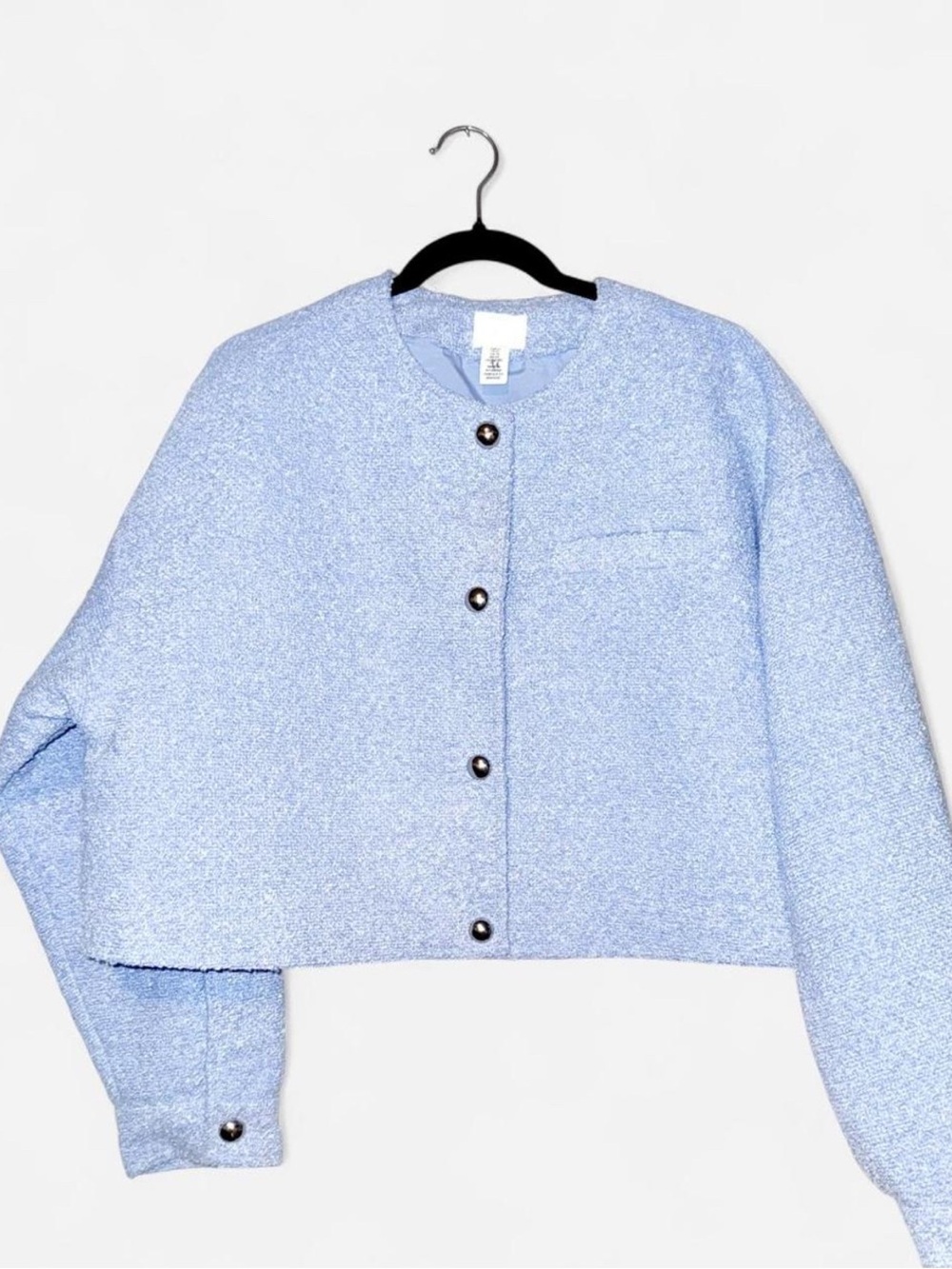 H&M Bouclé Cropped Button-Up Jacket in Light Baby Blue Size XL